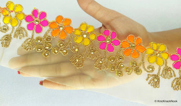 Gold Sheer Tissue Fabric Trim With Embroidered Pink, Yellow, Orange & Gold Flowers